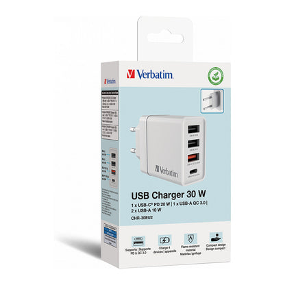 Verbatim Ladegert 30W, 1x USB-C , 3x USB-A (wei, PD 3.0, QC 3.0)