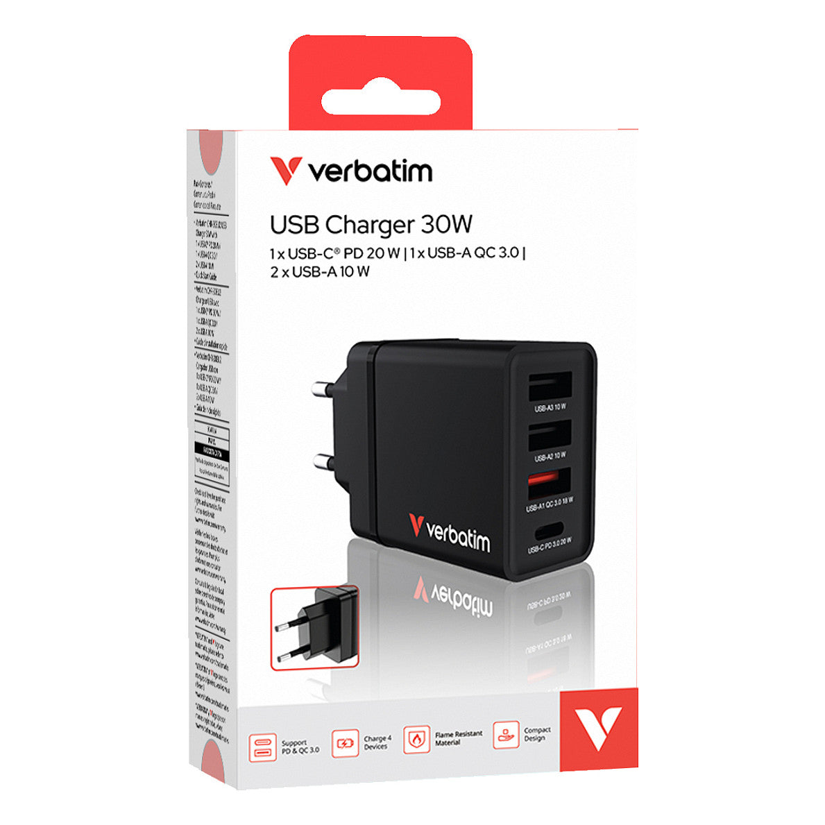 Verbatim Ladegert 30W, 1x USB-C , 3x USB-A (schwarz, PD 3.0, QC 3.0)