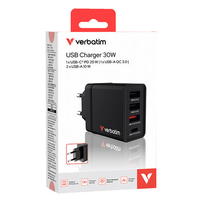 Verbatim Ladegert 30W, 1x USB-C , 3x USB-A (schwarz, PD 3.0, QC 3.0)