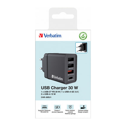 Verbatim Ladegert 30W, 1x USB-C , 3x USB-A (schwarz, PD 3.0, QC 3.0)