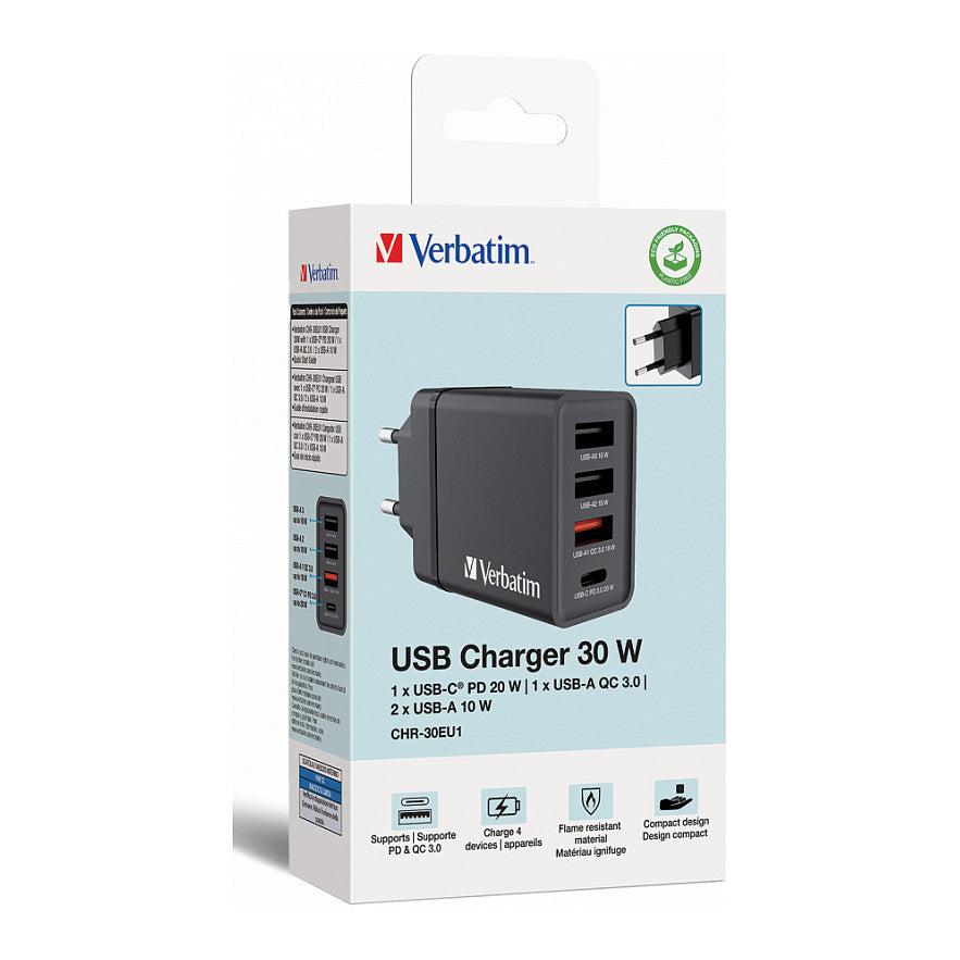 Verbatim Ladegert 30W, 1x USB-C , 3x USB-A (schwarz, PD 3.0, QC 3.0)