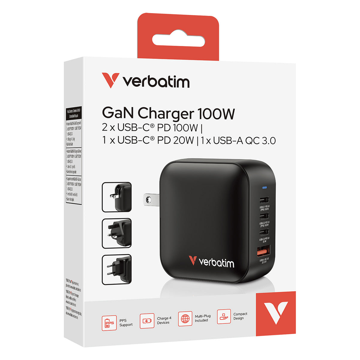 Verbatim Mini GaN Ladegert 100W 4 Port US/EU/UK ADP