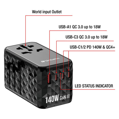 Verbatim GaN III Uni.Travel Adap 140W Welt-zu-Welt UTA-10 32125