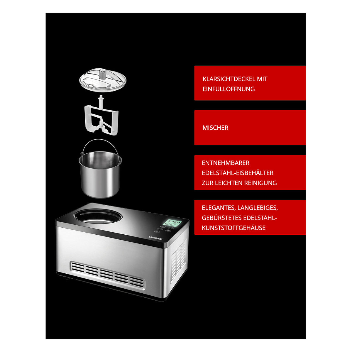Eismaschine Gusto (edelstahl/schwarz, fr 2.000ml Eiscreme, 180 Watt Kompressor)