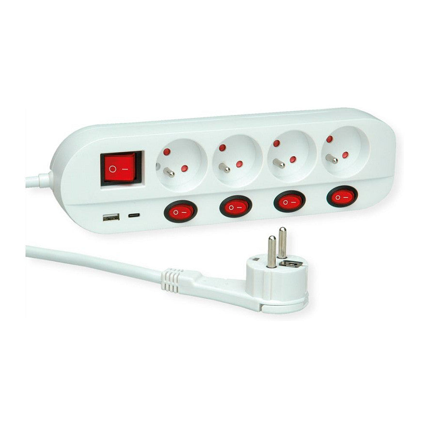 ROLINE 4-fach Steckdosenleiste mit Schalter, UTE Version, USB-Charger A+C, 3 m