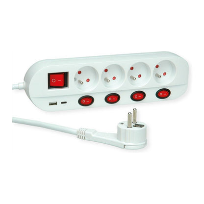 ROLINE 4-fach Steckdosenleiste mit Schalter, UTE Version, USB-Charger A+C, 3 m