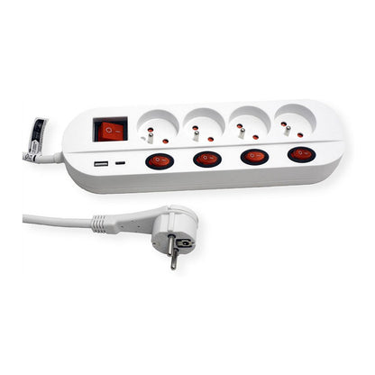 ROLINE 4-fach Steckdosenleiste mit Schalter, UTE Version, USB-Charger A+C, 3 m