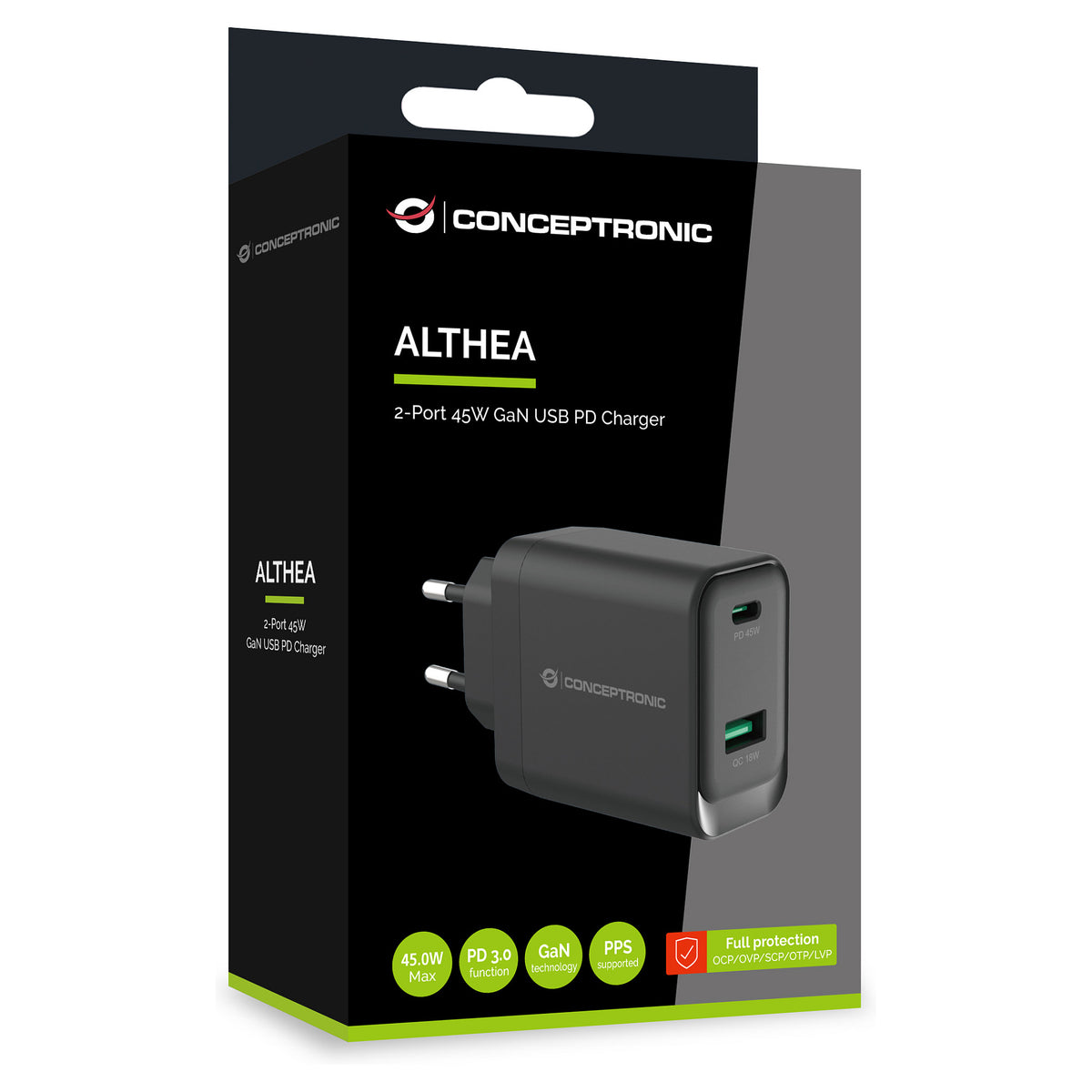 CONCEPTRONIC Ladegerät 2Port GaN USB-C/-A 45WPD3.0/PPS sw