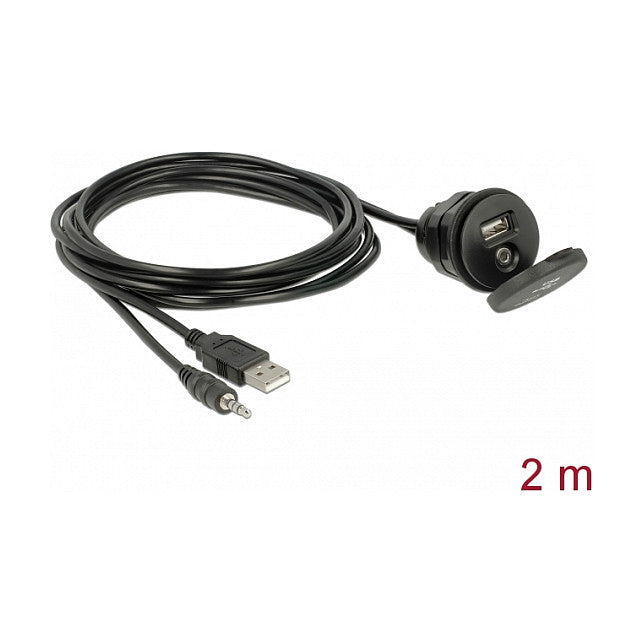 Kabel USB Typ A Stecker + 3,5 mm 4 Pin Klinkenstecker > Einbaubuchse mit Verschlussdeckel USB Typ A Buchse + 3,5 mm 4 Pin Klinkenbuchse (Audio)