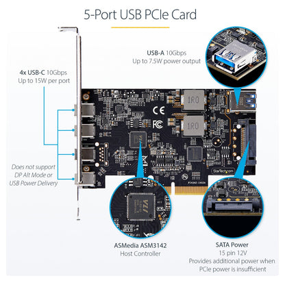 STARTECH.COM 5-Port USB-C PCIe Karte USB 3.2 10 Gbit USB C PCI Express USB C Erweiterungskarte 4x USB-C 1x USB-A Intern