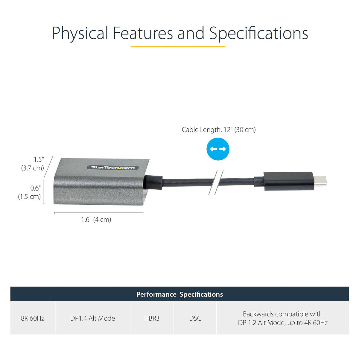 STARTECH.COM USB-C auf DisplayPort Adapter - 8K/4K 60Hz DisplayPort 1.4 Dongle - Kompatibel mit Thunderbolt 3 - 30cm Kabel
