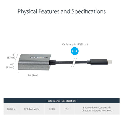 STARTECH.COM USB-C auf DisplayPort Adapter - 8K/4K 60Hz DisplayPort 1.4 Dongle - Kompatibel mit Thunderbolt 3 - 30cm Kabel
