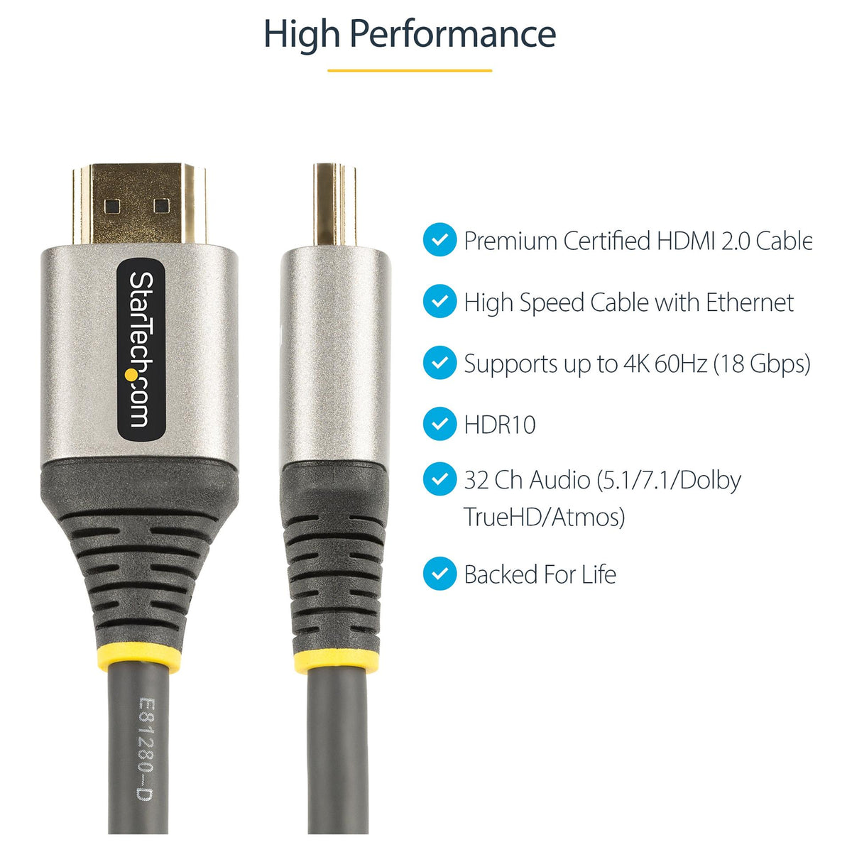 STARTECH.COM 2m Premium Certified HDMI 2.0 Cable - High Speed Ultra HD 4K 60Hz HDMI Cable with Ethernet - HDR10 ARC