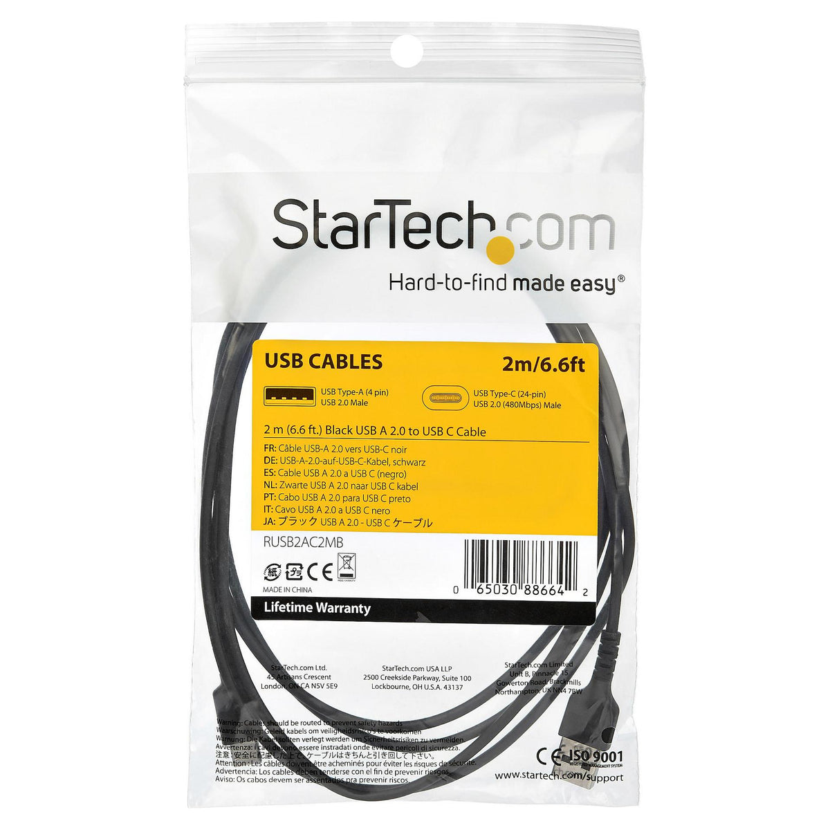 STARTECH.COM 2m / 6.6ft USB 2.0 to USB-C Cable - High Quality USB 2.0 Cable - Black - USB Data Transfer Cable