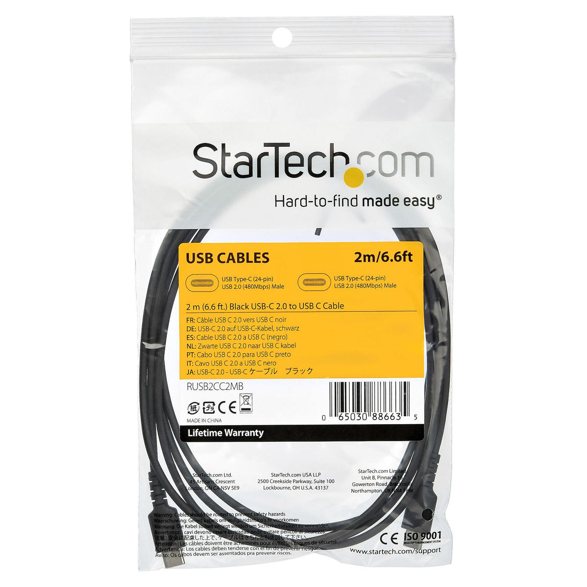 STARTECH.COM RUSB2CC2MB USB-C Kabel 2m hochwertiges USB 2.0 Typ-C Datenbertragungs und Ladekabel St/St Schwarz