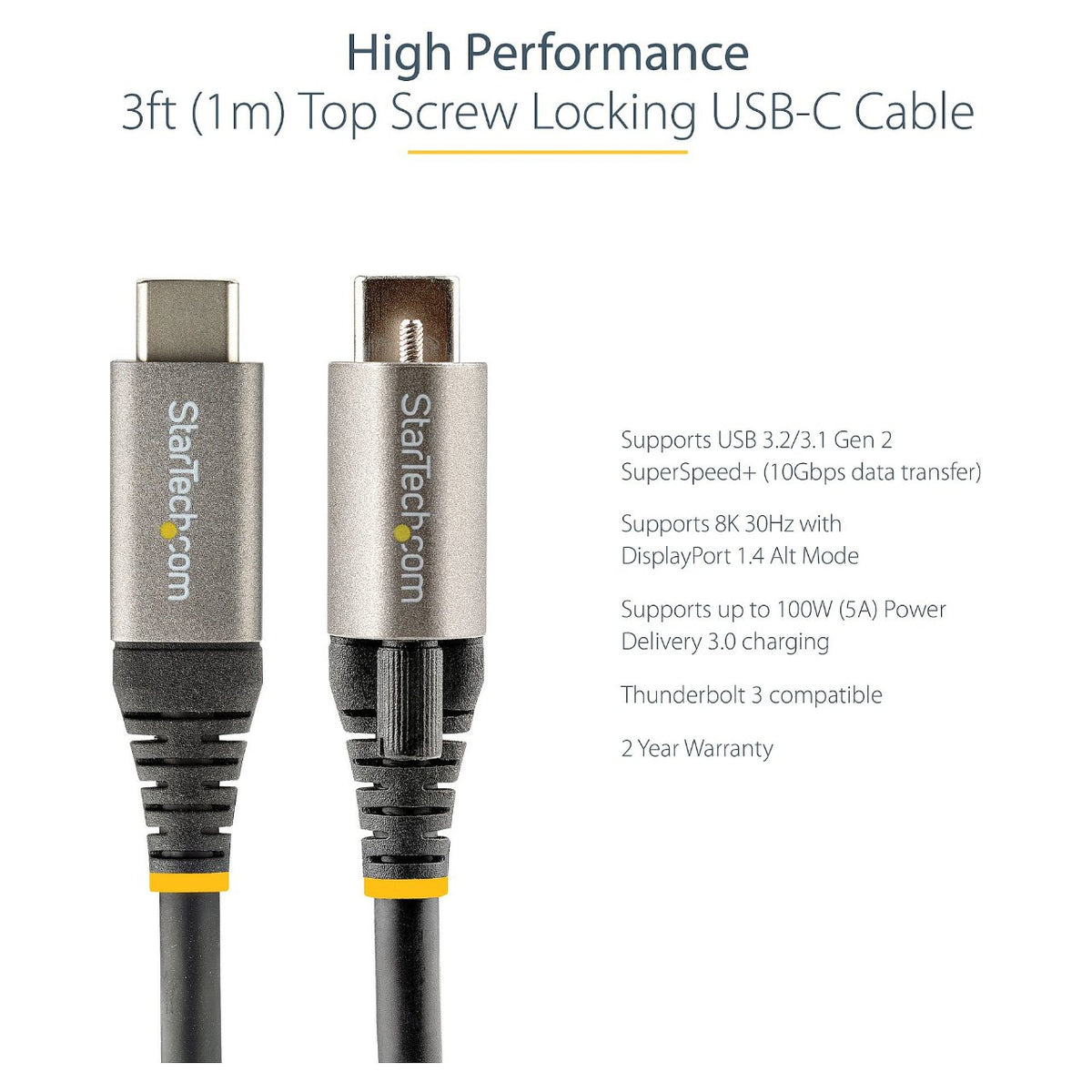 STARTECH.COM 1m USB-C cable with top screw locking 10Gbit/s - USB 3.1/3.2 Gen 2 Type-C cable - 100W 5A PD DP-Alt-Mode