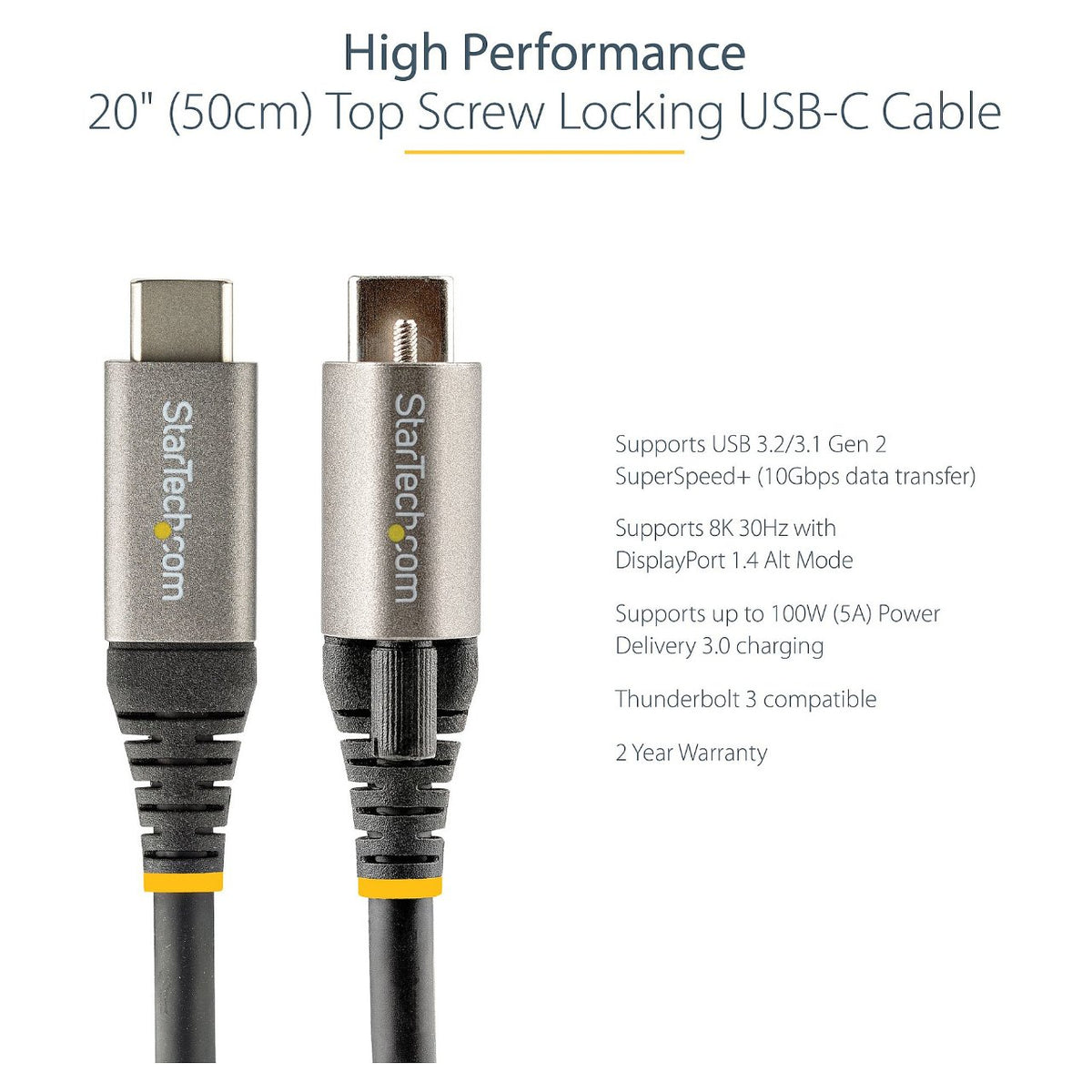 STARTECH.COM 0.5m USB-C cable with top screw locking device 10Gbit/s - USB 3.1/3.2 Gen 2 Type-C cable - 100W 5A PD DP-Alt-Mode