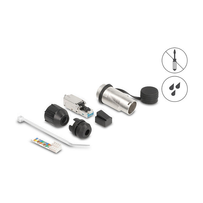 Modularer Stecker feldkonfektionierbar Cat.6A mit robusten Kabelsteckergehäuse und Schutzkappe passend für die Delock Durchführungskupplungen 670