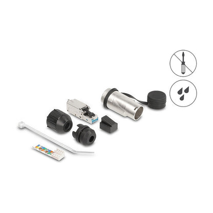 Modularer Stecker feldkonfektionierbar Cat.6A mit robusten Kabelsteckergehäuse und Schutzkappe passend für die Delock Durchführungskupplungen 670