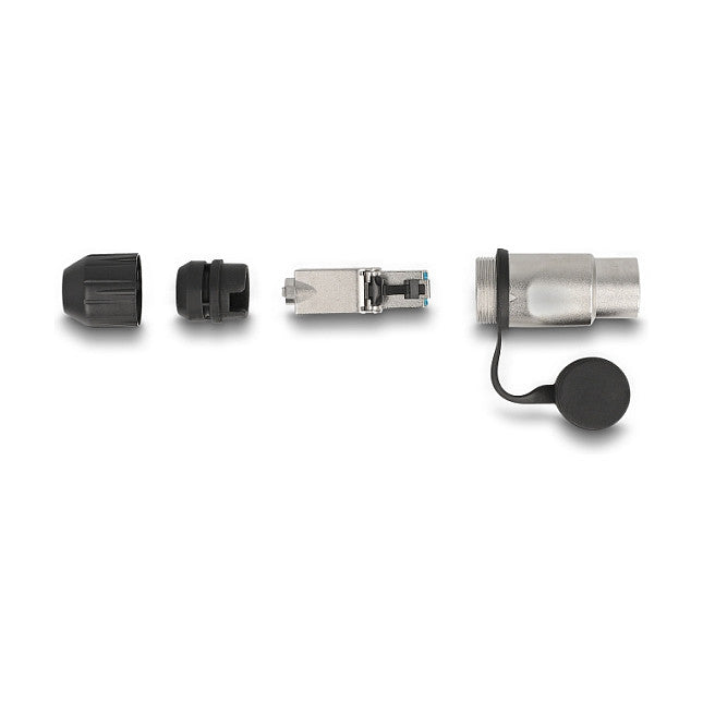 Modularer Stecker feldkonfektionierbar Cat.6A mit robusten Kabelsteckergehäuse und Schutzkappe passend für die Delock Durchführungskupplungen 670