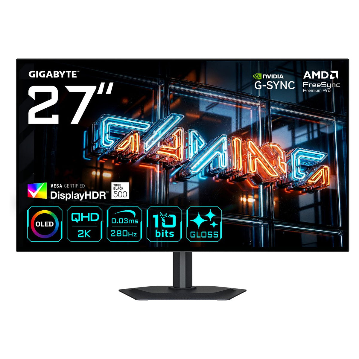 68,6cm/27" (2560x1440) GIGABYTE MO27Q28GR WQHD WOLED 0,03ms 280Hz HDMI DisplayPort USB-C USB HDR VESA Speaker Pivot
