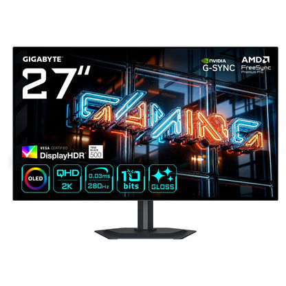 68,6cm/27" (2560x1440) GIGABYTE MO27Q28GR WQHD WOLED 0,03ms 280Hz HDMI DisplayPort USB-C USB HDR VESA Speaker Pivot