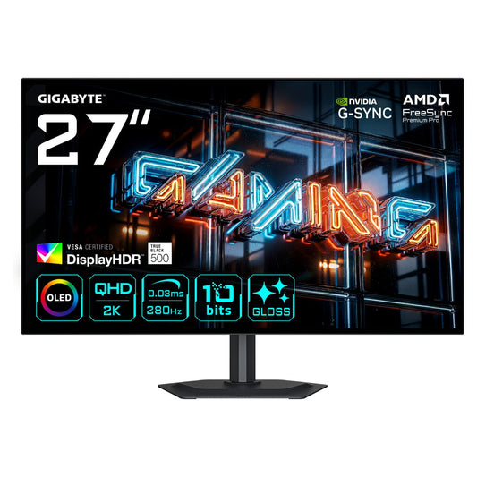 68,6cm/27" (2560x1440) GIGABYTE MO27Q28GR WQHD WOLED 0,03ms 280Hz HDMI DisplayPort USB-C USB HDR VESA Speaker Pivot