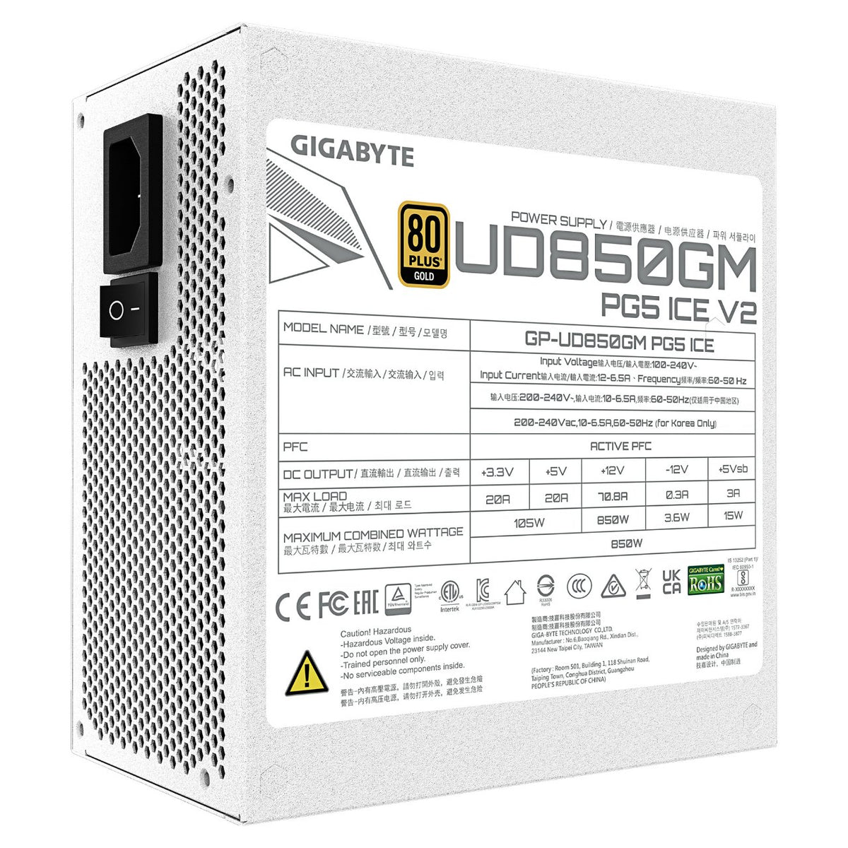 850W GIGABYTE UD850GM PG5 V2 ICE ATX Netzteil, 80+ Gold, PCIe5.1, ATX3.1 voll modular