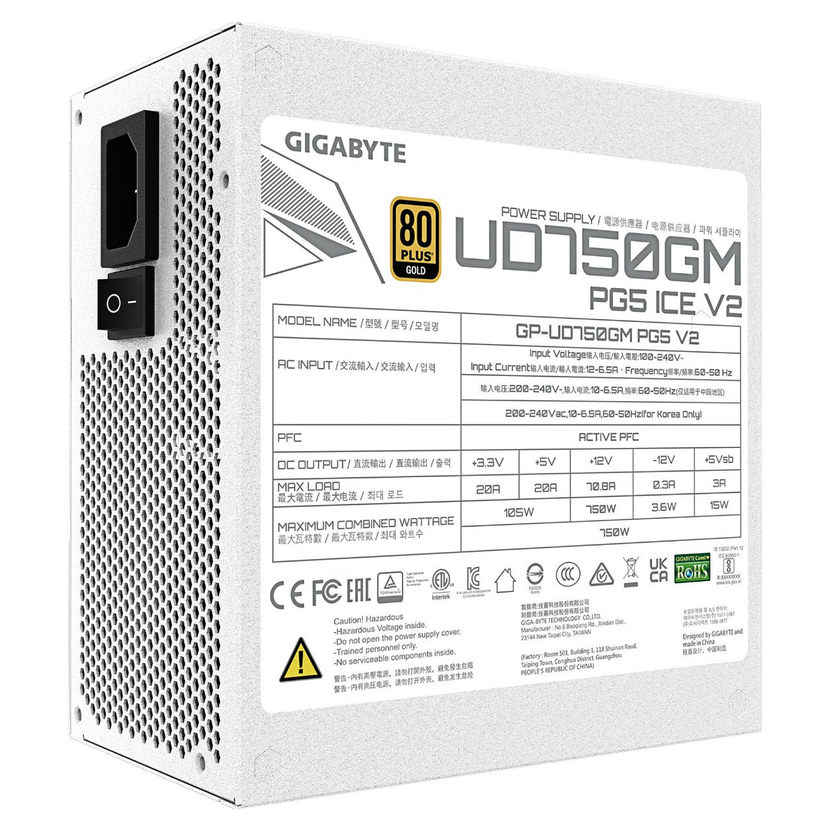 750W GIGABYTE UD750GM PG5 V2 ICE ATX Netzteil, 80+ Gold, PCIe5.1, ATX3.1 voll modular