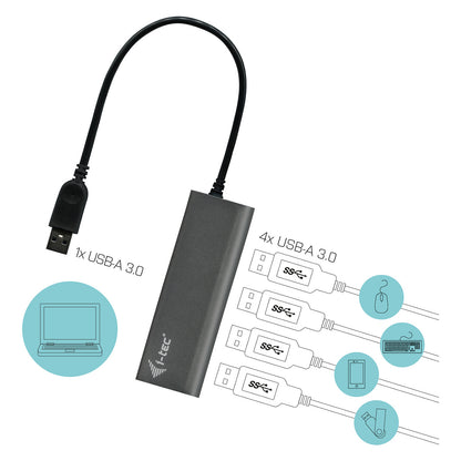 D I-TEC USB 3.0 4-PORT HUB ALU Metal Charging HUB 4 Port port mit externem Netzadapter 4x USB