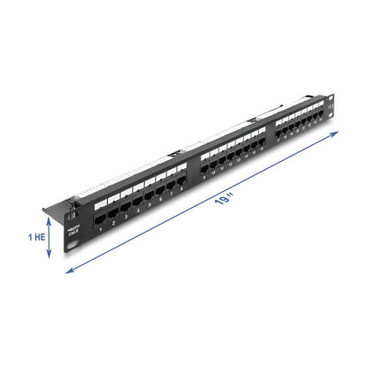 19" 1 HE Patchpanel 24 Port Cat.6 mit LED und Entlastungsschiene ungeschirmt schwarz