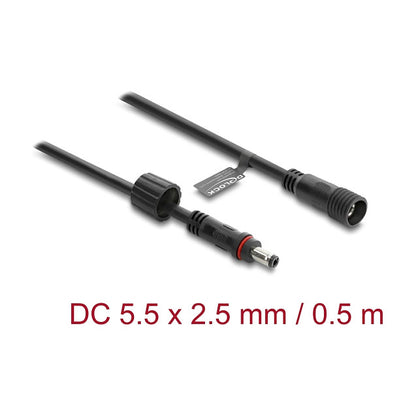 DC Verlängerungskabel 5,5 x 2,5 mm Stecker zu Buchse mit Schraubverschluss M12 x 1,75 mm Gewinde wasserfest 18 AWG, 0,5 m schwarz