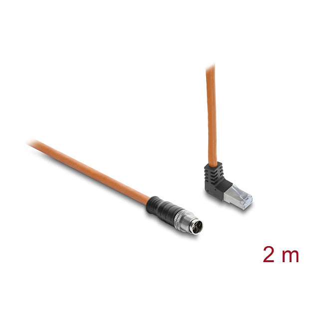 M12 Kabel X-kodiert 8 Pin Stecker gerade zu RJ45 Stecker nach oben gewinkelt S/FTP geschirmt 2 m orange