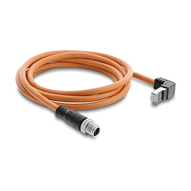 M12 Kabel X-kodiert 8 Pin Stecker gerade zu RJ45 Stecker nach oben gewinkelt S/FTP geschirmt 2 m orange