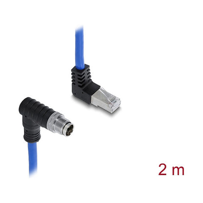 M12 Kabel X-kodiert 8 Pin Stecker nach unten gewinkelt zu RJ45 Stecker nach oben gewinkelt S/FTP geschirmt 2 m blau