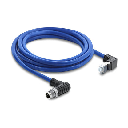 M12 Kabel X-kodiert 8 Pin Stecker nach unten gewinkelt zu RJ45 Stecker nach oben gewinkelt S/FTP geschirmt 2 m blau