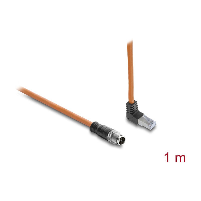 M12 Kabel X-kodiert 8 Pin Stecker gerade zu RJ45 Stecker nach oben gewinkelt S/FTP geschirmt 1 m orange