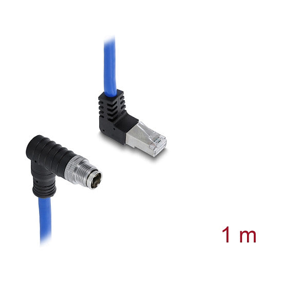 M12 Kabel X-kodiert 8 Pin Stecker nach unten gewinkelt zu RJ45 Stecker nach oben gewinkelt S/FTP geschirmt 1 m blau