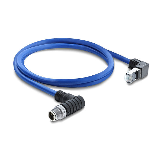 M12 Kabel X-kodiert 8 Pin Stecker nach unten gewinkelt zu RJ45 Stecker nach oben gewinkelt S/FTP geschirmt 1 m blau