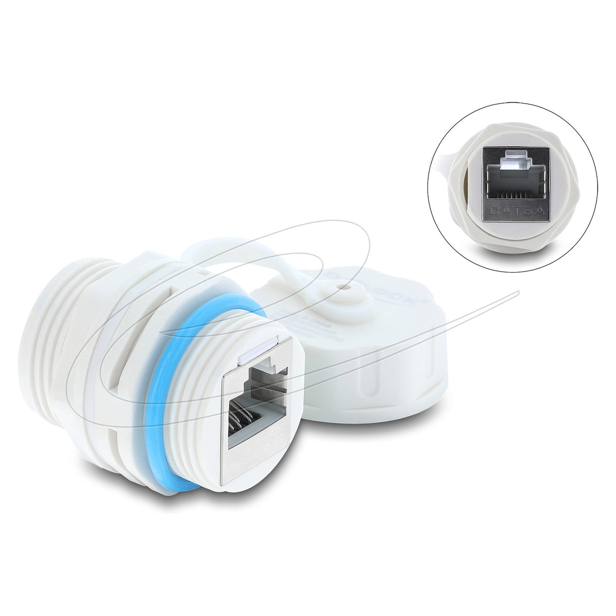 Kabelverbinder RJ45 Buchse zu RJ45 Buchse Cat.6A mit M23.5 x 1,5 mm Gewinde und Verschlusskappe IP68 staub- und wasserdicht weiß