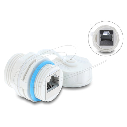 Kabelverbinder RJ45 Buchse zu RJ45 Buchse Cat.6A mit M23.5 x 1,5 mm Gewinde und Verschlusskappe IP68 staub- und wasserdicht weiß