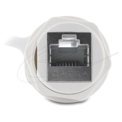 Kabelverbinder RJ45 Buchse zu RJ45 Buchse Cat.6A mit M23.5 x 1,5 mm Gewinde und Verschlusskappe IP68 staub- und wasserdicht weiß