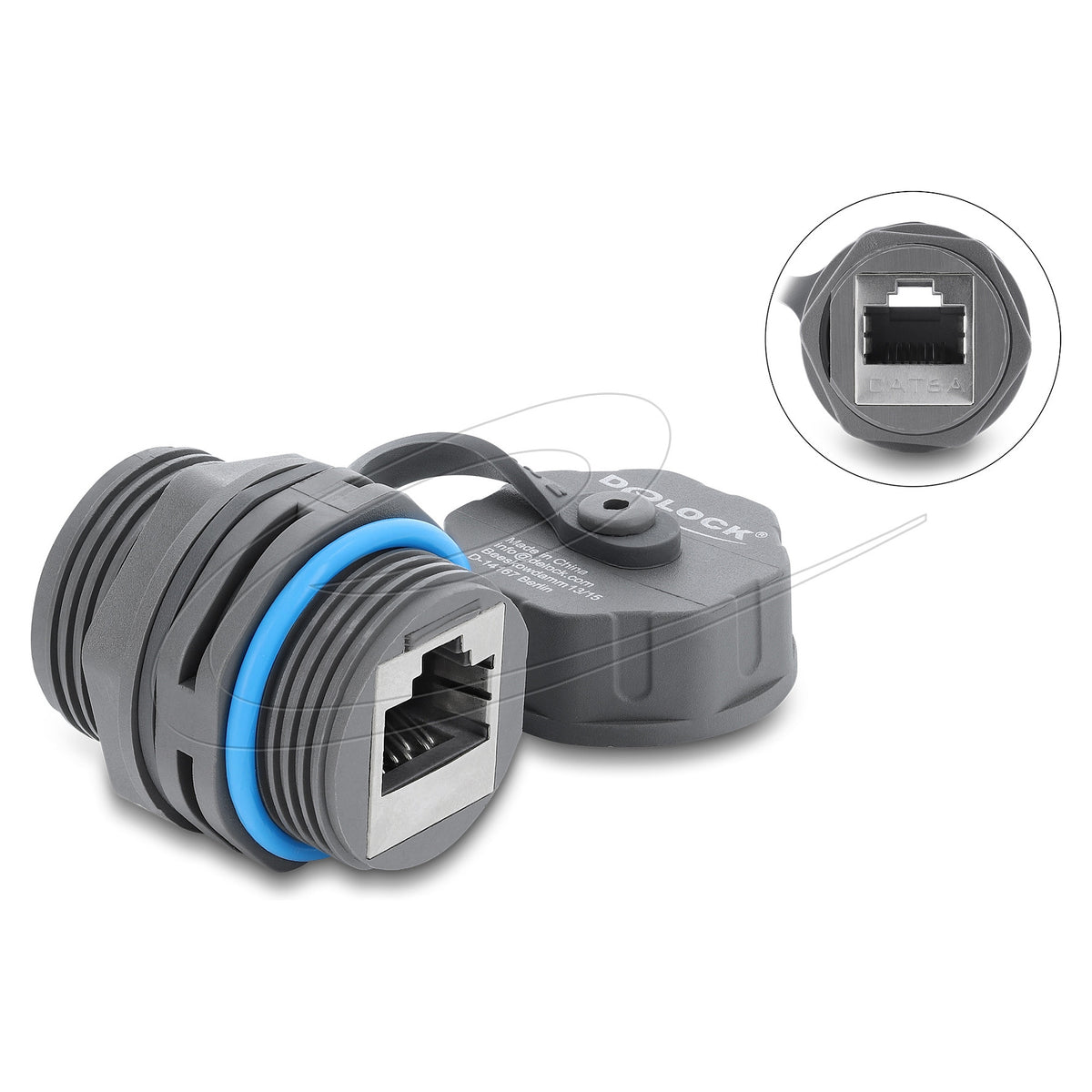 Kabelverbinder RJ45 Buchse zu RJ45 Buchse Cat.6A mit M23.5 x 1,5 mm Gewinde und Verschlusskappe IP68 staub- und wasserdicht grau