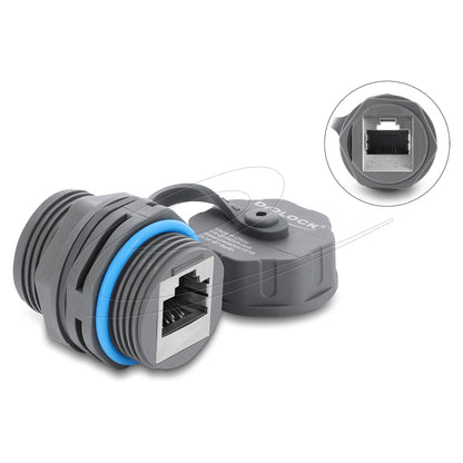 Kabelverbinder RJ45 Buchse zu RJ45 Buchse Cat.6A mit M23.5 x 1,5 mm Gewinde und Verschlusskappe IP68 staub- und wasserdicht grau