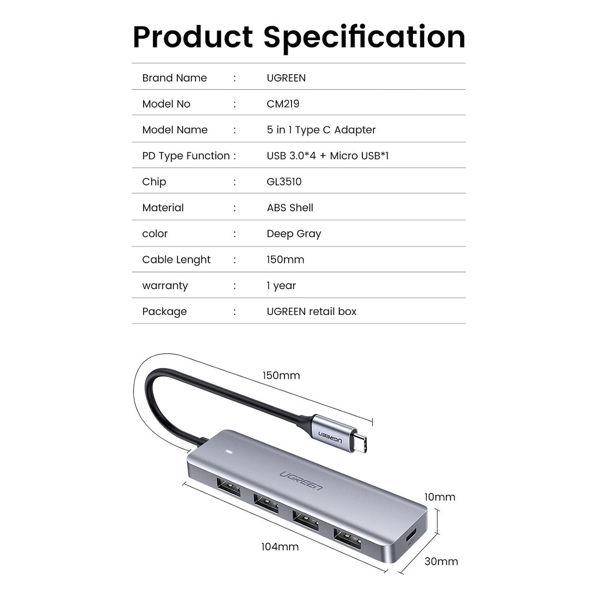 UGREEN USB-C 3.0 To 4 Ports HUB