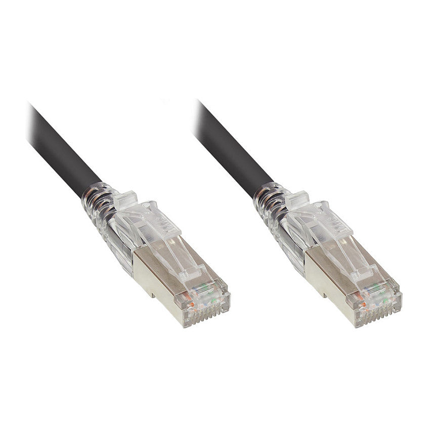 RNS® Patchkabel mit Rastnasenschutz und Verriegelung, Cat. 6A, S/FTP, PiMF, halogenfrei (LSZH), 500MHz, schwarz, 0,5m, Good Connections®
