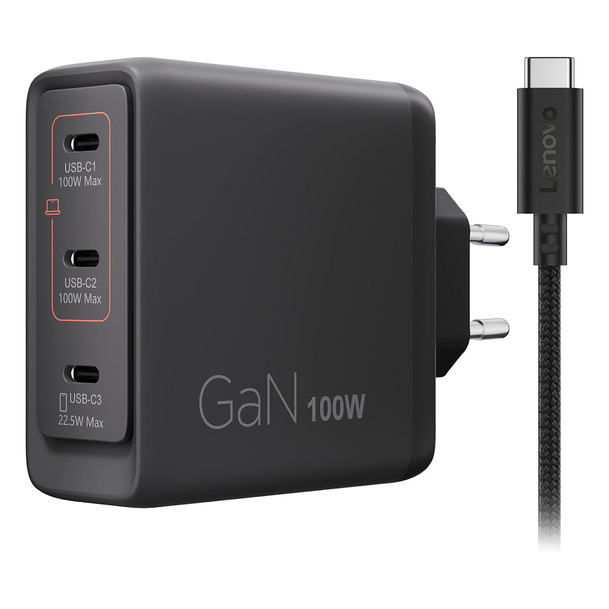 N Lenovo Multi-Port USB-C 100W GaN-Ladegerät/ Netzteil Schwarz inkl. USB-C Kabel (1,8m)