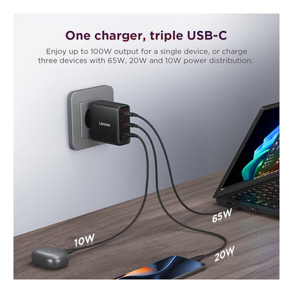 N Lenovo Multi-Port USB-C 100W GaN-Ladegerät/ Netzteil Schwarz inkl. USB-C Kabel (1,8m)