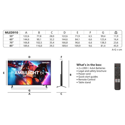 189,0cm/75" (3840x2160) Philips 75MLED910/12 4K QD MiniLED 120Hz HDMI USB WLAN Bluetooth Ambilight HDR10+ Dolby Vision Black