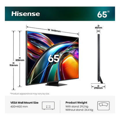 164,0cm/65" (3840x2160) Hisense 65UR9DS Smart TV 4K RGB MiniLED 6ms 170Hz HDMI USB-C LAN HDR VESA WiFi Bluetooth Black/Grey
